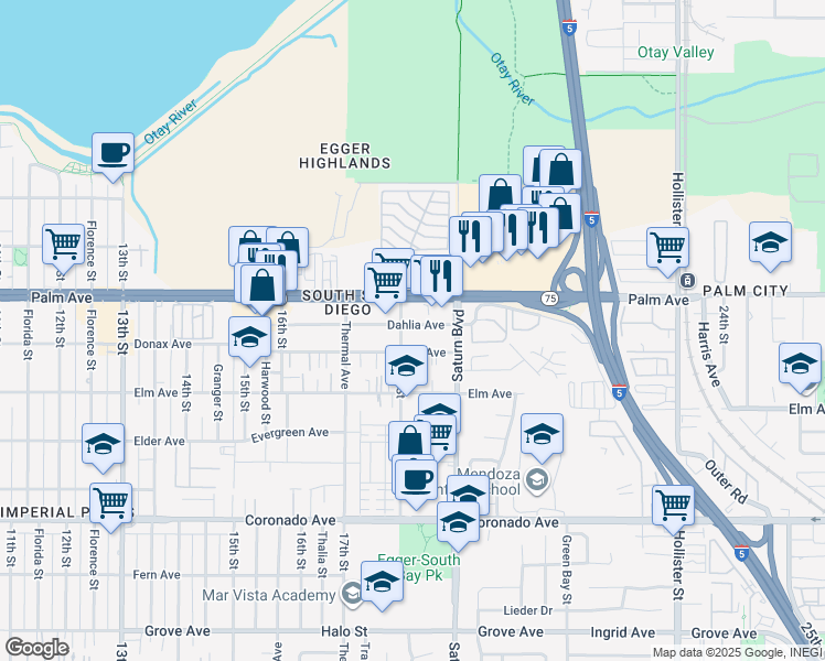 map of restaurants, bars, coffee shops, grocery stores, and more near 1815 Dahlia Avenue in San Diego