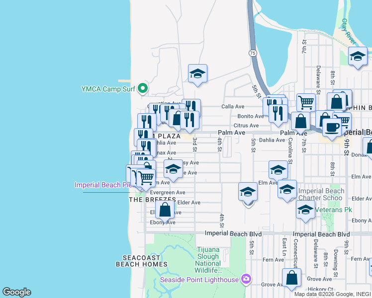 map of restaurants, bars, coffee shops, grocery stores, and more near 287 Dahlia Avenue in Imperial Beach