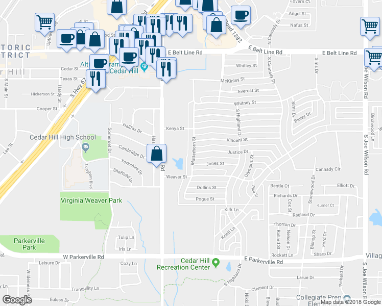 map of restaurants, bars, coffee shops, grocery stores, and more near 436 Matterhorn Street in Cedar Hill