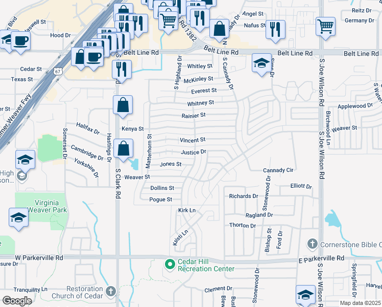 map of restaurants, bars, coffee shops, grocery stores, and more near 454 Justice Drive in Cedar Hill