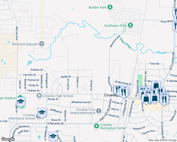 map of restaurants, bars, coffee shops, grocery stores, and more near 608 Race Street in Crowley