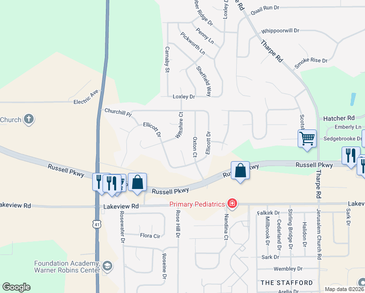 map of restaurants, bars, coffee shops, grocery stores, and more near 314 Oxton Court in Warner Robins