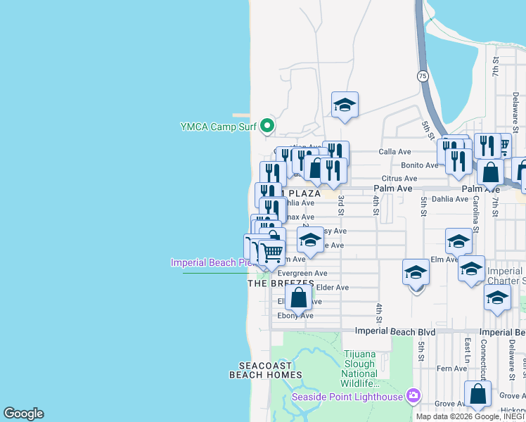 map of restaurants, bars, coffee shops, grocery stores, and more near in Imperial Beach