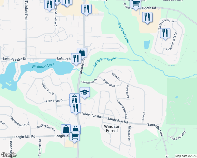 map of restaurants, bars, coffee shops, grocery stores, and more near 208 Creekside Drive in Warner Robins