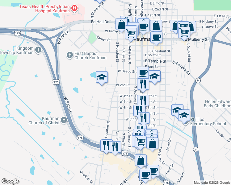 map of restaurants, bars, coffee shops, grocery stores, and more near 1003 South Houston Street in Kaufman