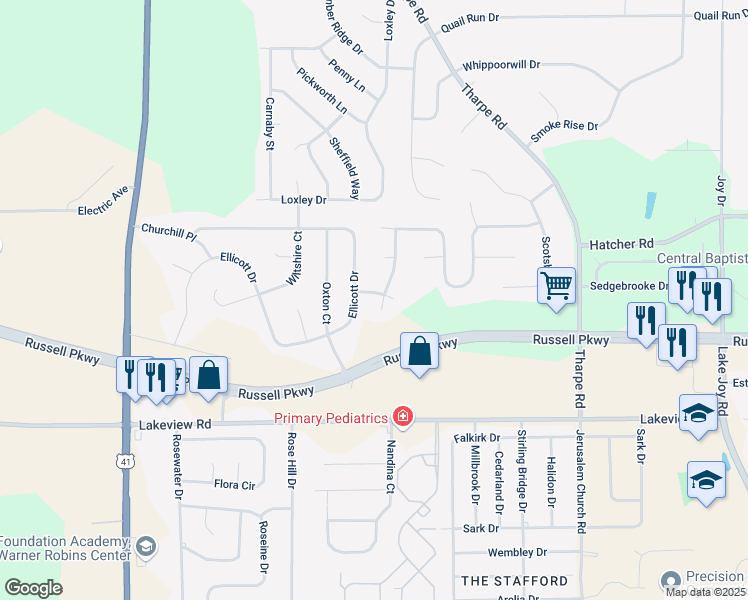map of restaurants, bars, coffee shops, grocery stores, and more near 108 Chamberlain Drive in Warner Robins