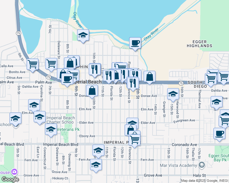 map of restaurants, bars, coffee shops, grocery stores, and more near 748 Florida Street in Imperial Beach