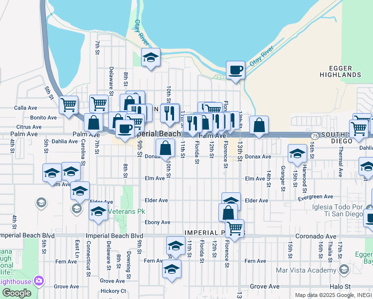 map of restaurants, bars, coffee shops, grocery stores, and more near 750 11th Street in Imperial Beach