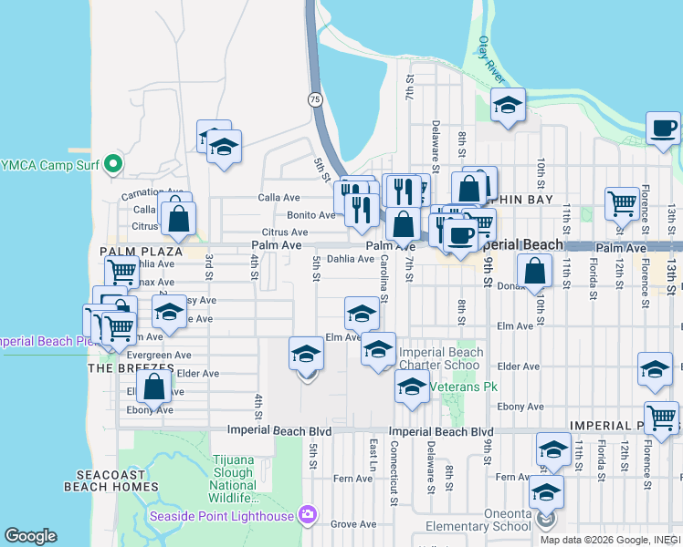 map of restaurants, bars, coffee shops, grocery stores, and more near 540 Donax Avenue in Imperial Beach