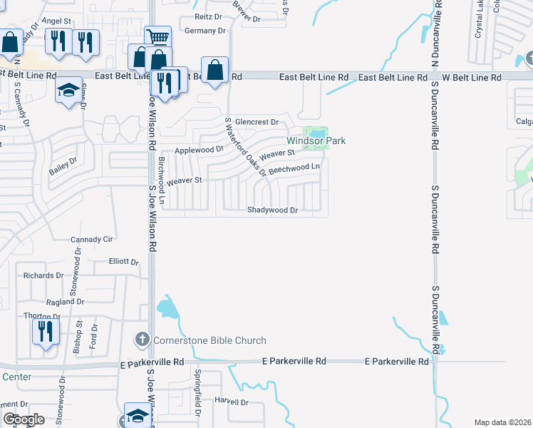 map of restaurants, bars, coffee shops, grocery stores, and more near 1052 Shadywood Drive in Cedar Hill