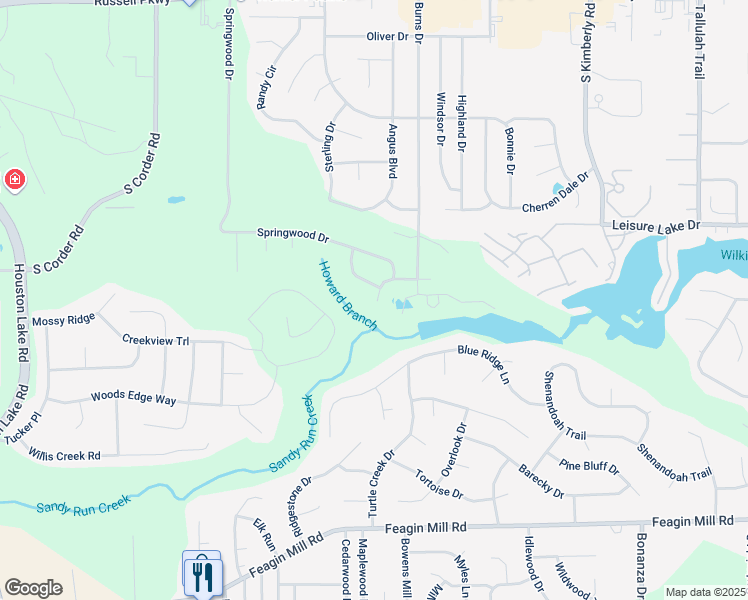map of restaurants, bars, coffee shops, grocery stores, and more near 213 Sunnybrook Lane in Warner Robins
