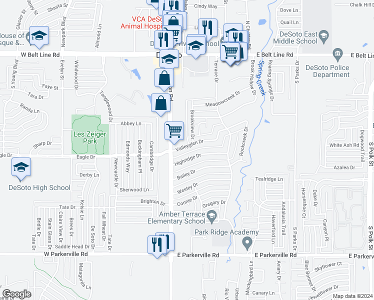 map of restaurants, bars, coffee shops, grocery stores, and more near 126 Valleyglen Drive in DeSoto