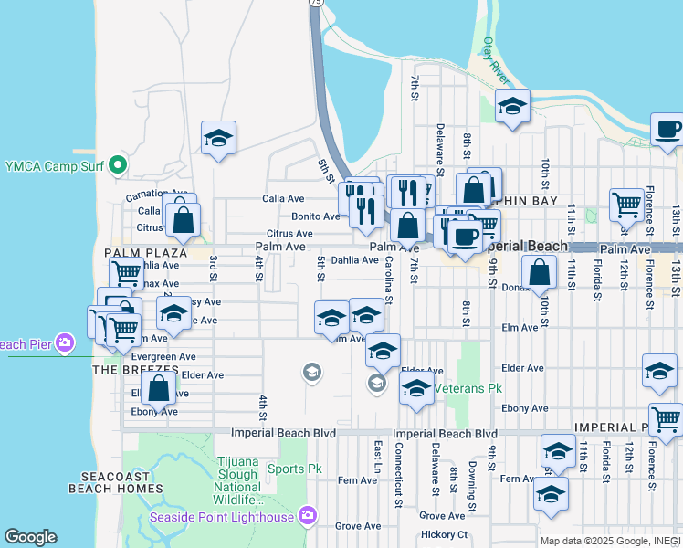 map of restaurants, bars, coffee shops, grocery stores, and more near 540 Donax Avenue in Imperial Beach