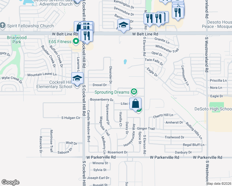 map of restaurants, bars, coffee shops, grocery stores, and more near 429 Timberlake Drive in DeSoto