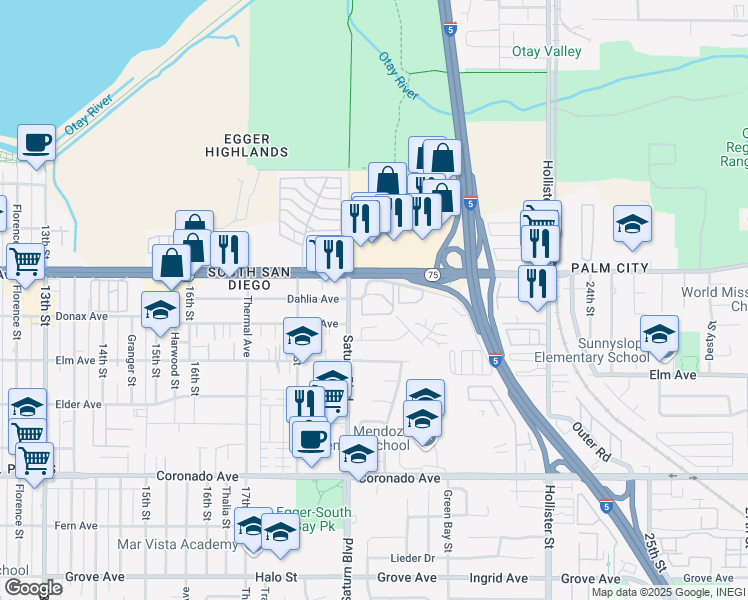 map of restaurants, bars, coffee shops, grocery stores, and more near 1935 Avenida Del Mexico in San Diego