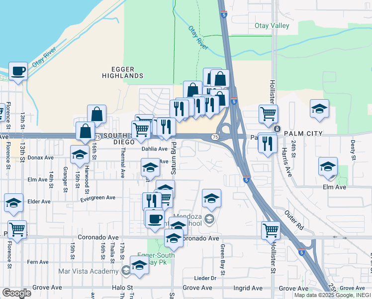 map of restaurants, bars, coffee shops, grocery stores, and more near 1975 Avenida Del Mexico in San Diego