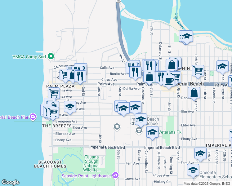 map of restaurants, bars, coffee shops, grocery stores, and more near 734 5th Street in Imperial Beach