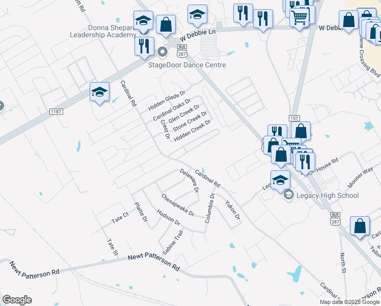 map of restaurants, bars, coffee shops, grocery stores, and more near 19 Thousand Oaks Drive in Mansfield