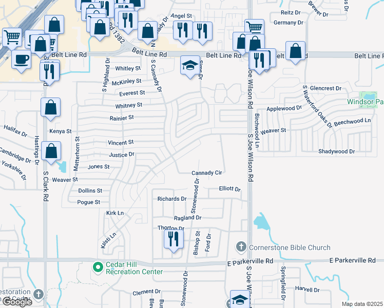 map of restaurants, bars, coffee shops, grocery stores, and more near 502 Cannady Circle in Cedar Hill