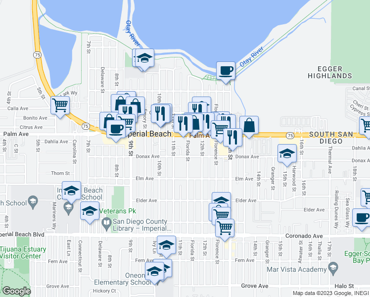 map of restaurants, bars, coffee shops, grocery stores, and more near 740 Florida Street in Imperial Beach