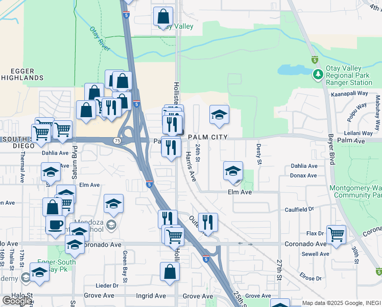 map of restaurants, bars, coffee shops, grocery stores, and more near 751 Harris Avenue in San Diego