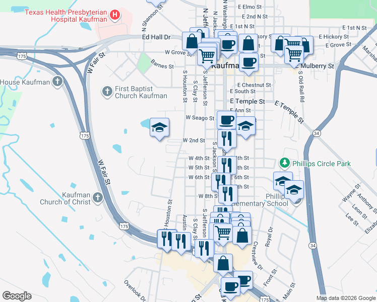 map of restaurants, bars, coffee shops, grocery stores, and more near 1003 South Houston Street in Kaufman