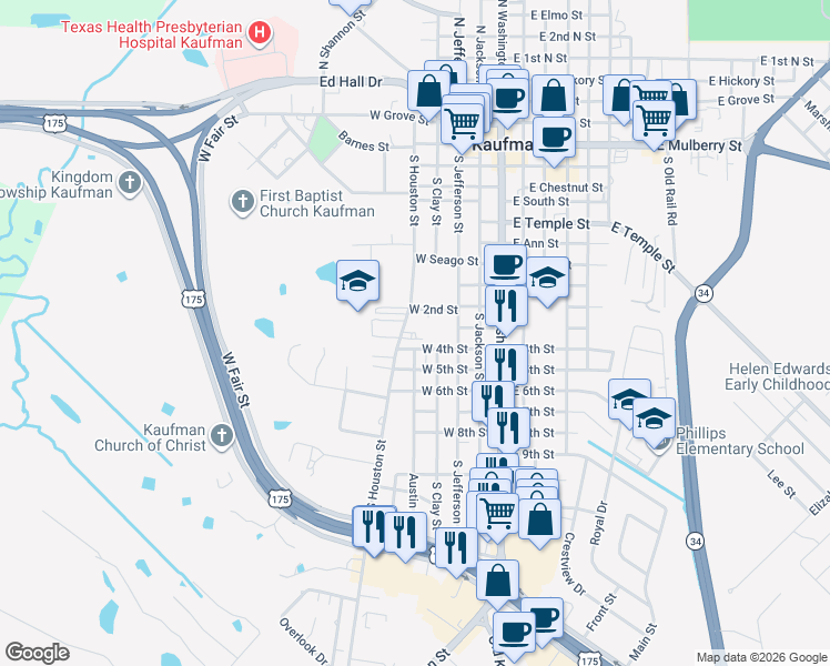 map of restaurants, bars, coffee shops, grocery stores, and more near 1003 South Houston Street in Kaufman