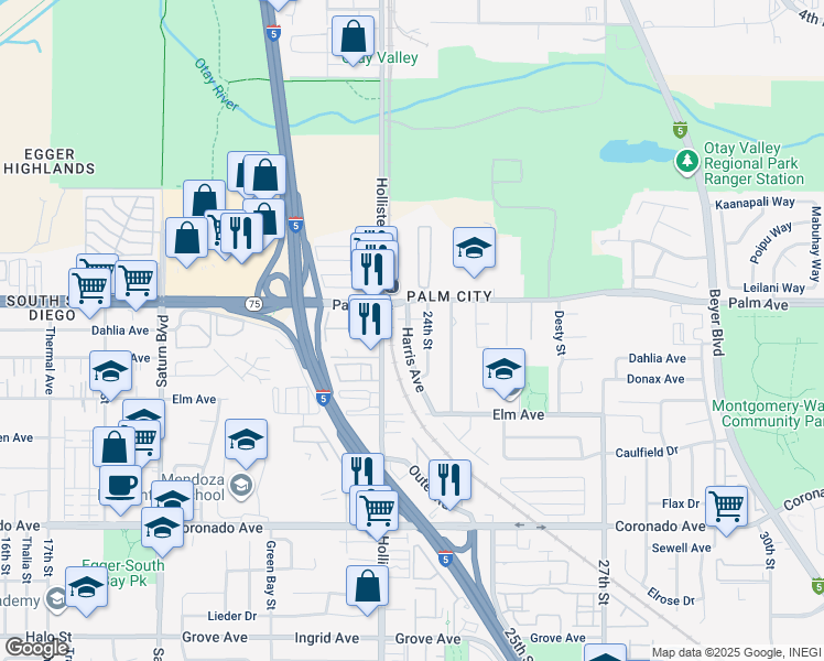map of restaurants, bars, coffee shops, grocery stores, and more near 751 Harris Avenue in San Diego