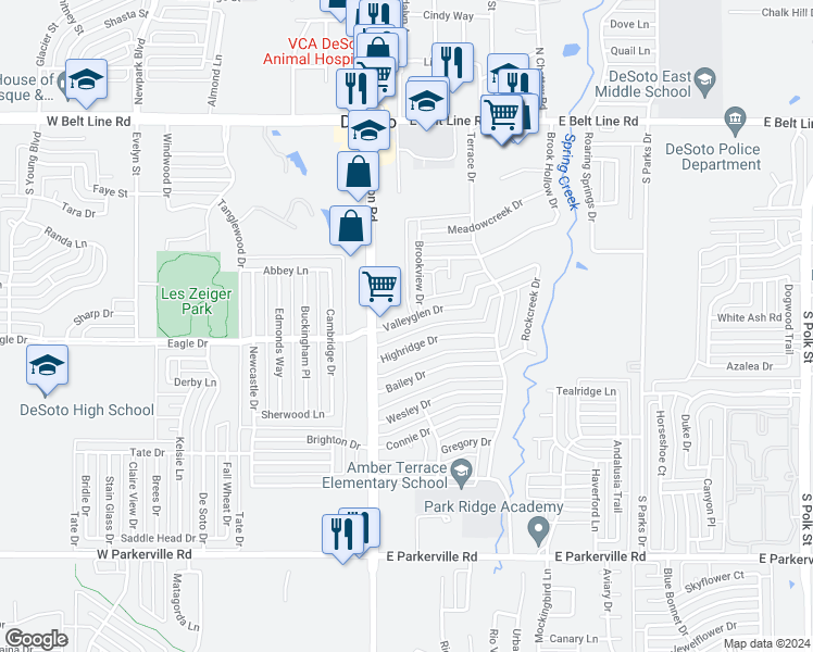 map of restaurants, bars, coffee shops, grocery stores, and more near 128 Valleyglen Drive in DeSoto