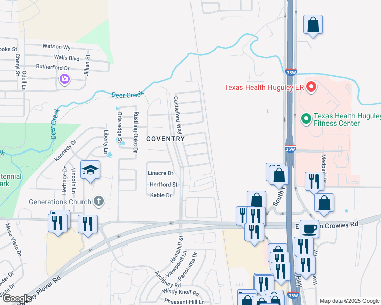 map of restaurants, bars, coffee shops, grocery stores, and more near 432 Prescott Lane in Crowley