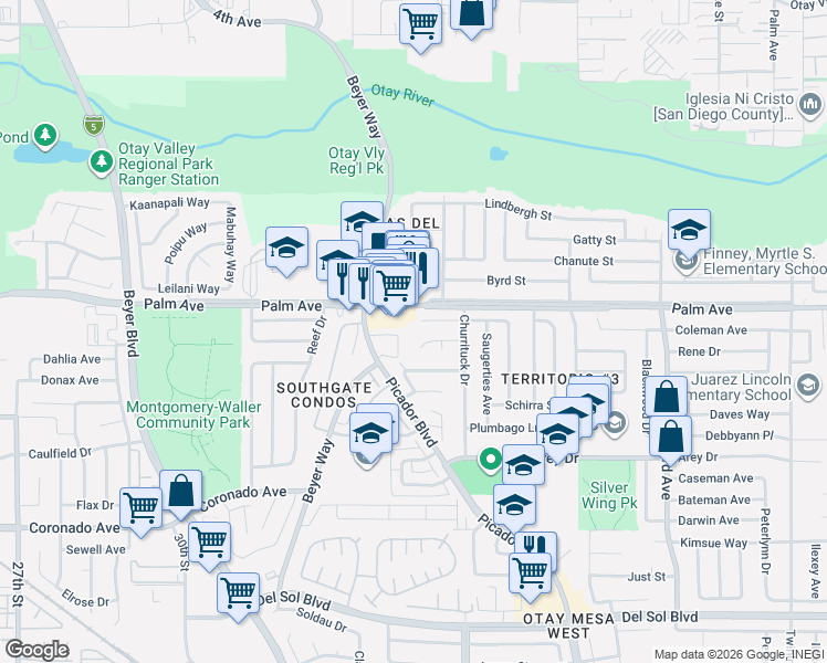 map of restaurants, bars, coffee shops, grocery stores, and more near 3431 Alonquin Way in San Diego