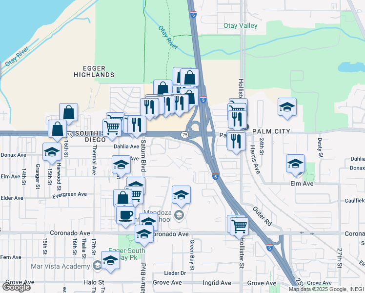map of restaurants, bars, coffee shops, grocery stores, and more near 2039 Avenida Del Mexico in San Diego