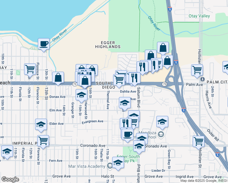 map of restaurants, bars, coffee shops, grocery stores, and more near 1738 Dahlia Avenue in San Diego