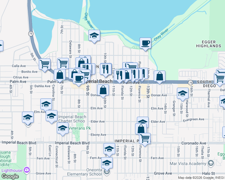 map of restaurants, bars, coffee shops, grocery stores, and more near 750 11th Street in Imperial Beach