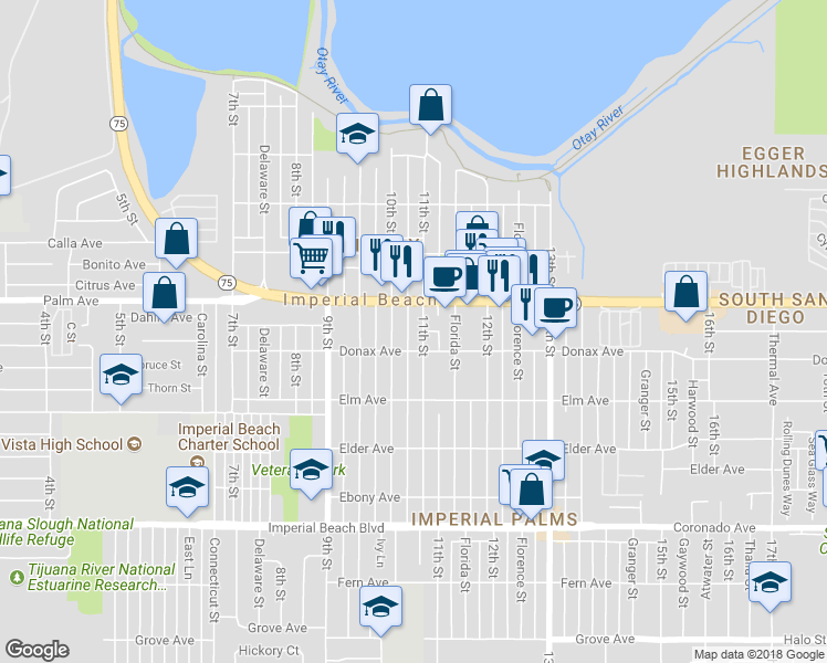 map of restaurants, bars, coffee shops, grocery stores, and more near 750 11th Street in Imperial Beach
