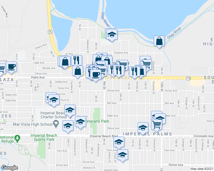 map of restaurants, bars, coffee shops, grocery stores, and more near in Imperial Beach