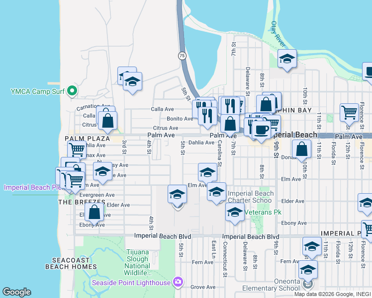 map of restaurants, bars, coffee shops, grocery stores, and more near 540 Donax Avenue in Imperial Beach