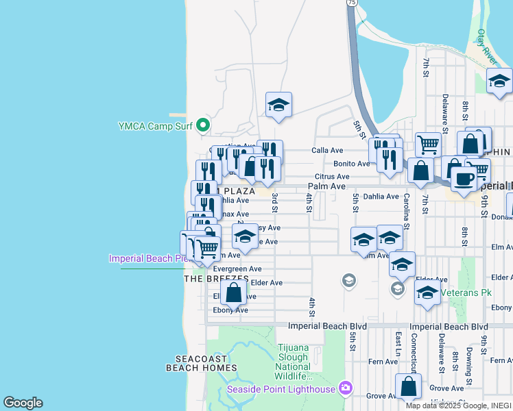 map of restaurants, bars, coffee shops, grocery stores, and more near 231 Dahlia Avenue in Imperial Beach