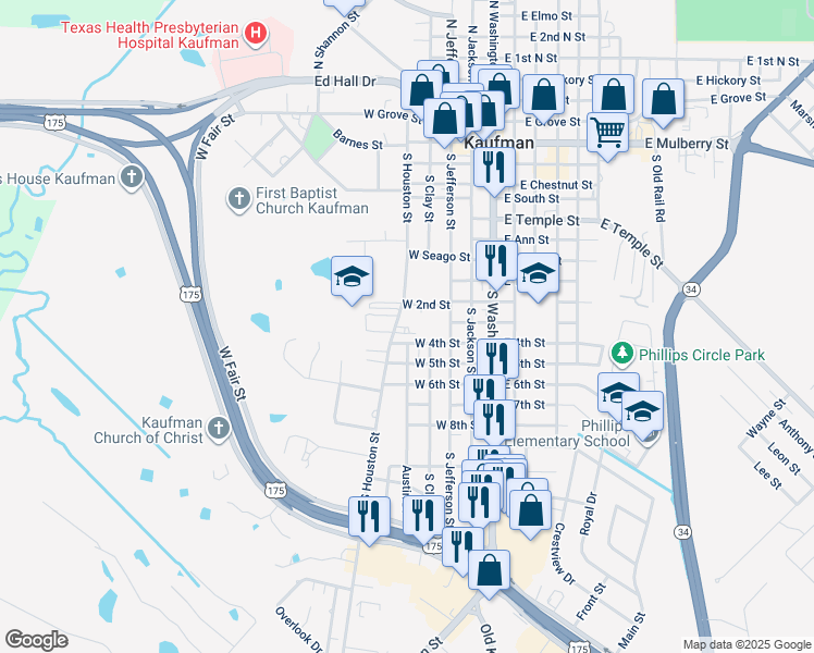 map of restaurants, bars, coffee shops, grocery stores, and more near 1003 South Houston Street in Kaufman