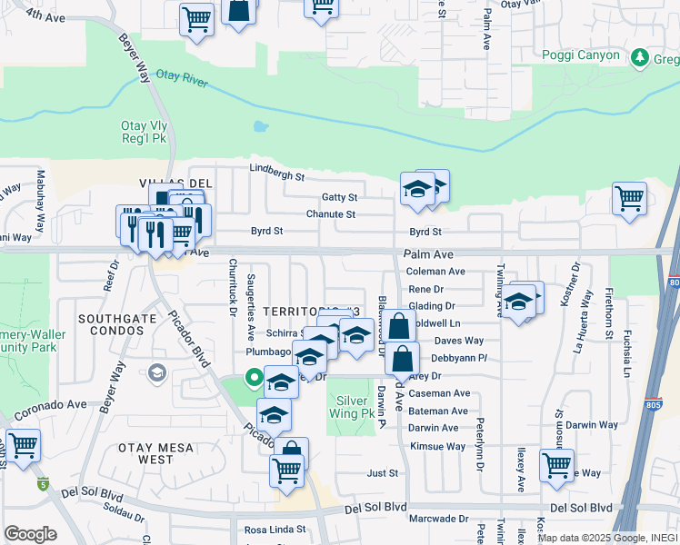 map of restaurants, bars, coffee shops, grocery stores, and more near 3753 Coleman Avenue in San Diego