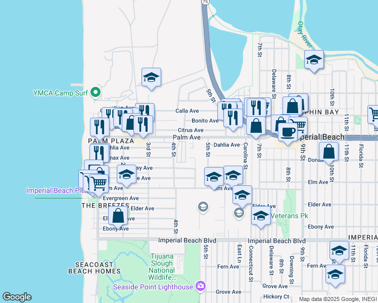 map of restaurants, bars, coffee shops, grocery stores, and more near 435 Sea Village Drive in Imperial Beach