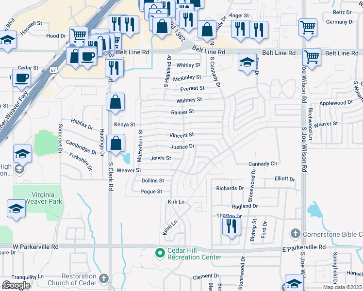 map of restaurants, bars, coffee shops, grocery stores, and more near 454 Justice Drive in Cedar Hill
