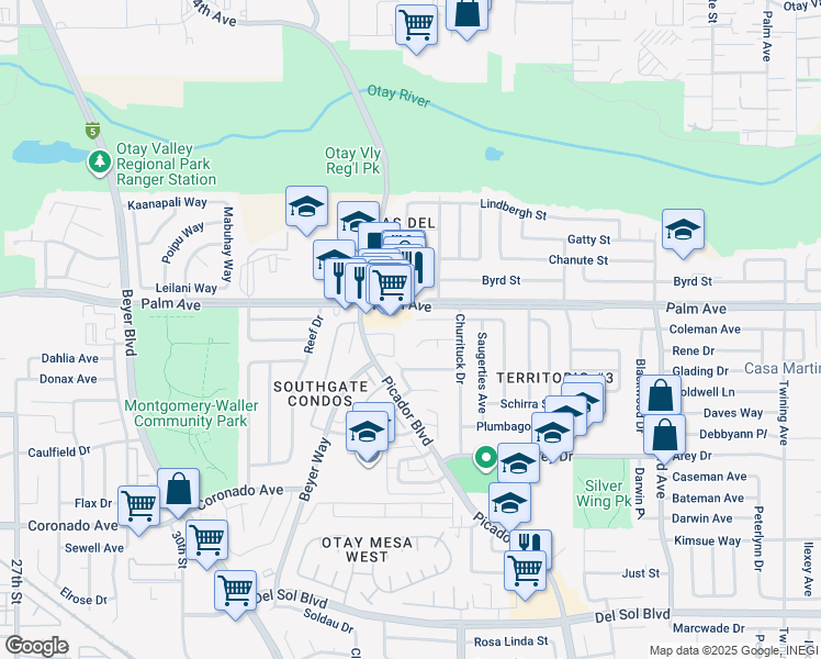 map of restaurants, bars, coffee shops, grocery stores, and more near 3431 Alonquin Way in San Diego