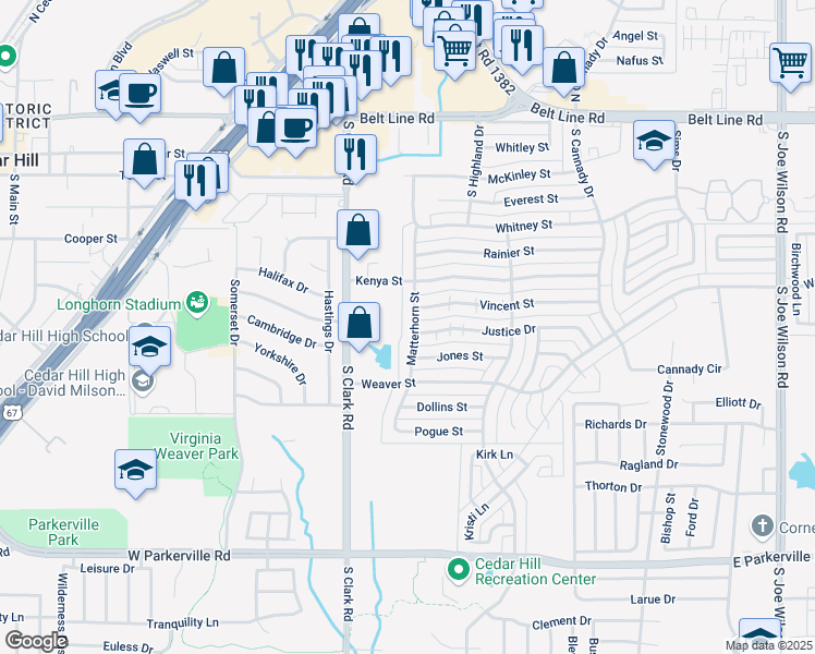 map of restaurants, bars, coffee shops, grocery stores, and more near 428 Matterhorn Street in Cedar Hill