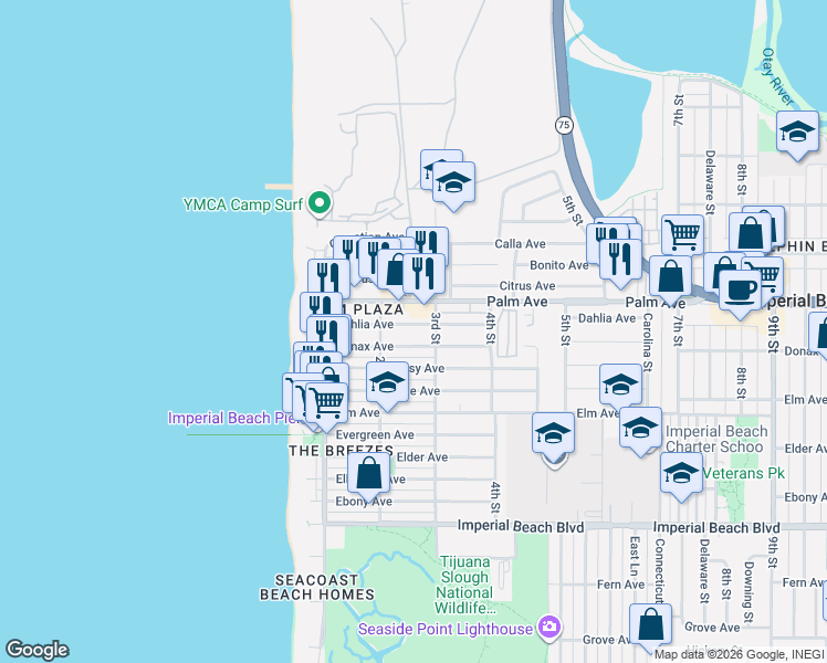 map of restaurants, bars, coffee shops, grocery stores, and more near 231 Dahlia Avenue in Imperial Beach