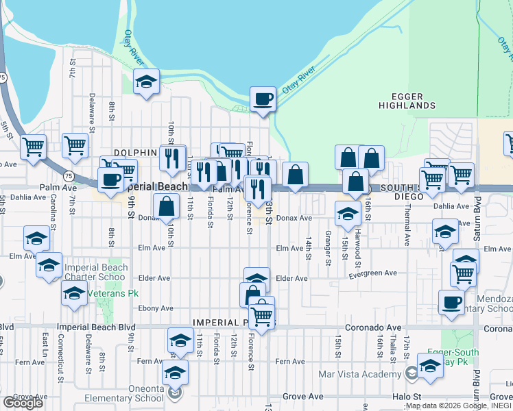 map of restaurants, bars, coffee shops, grocery stores, and more near 750 13th Street in Imperial Beach