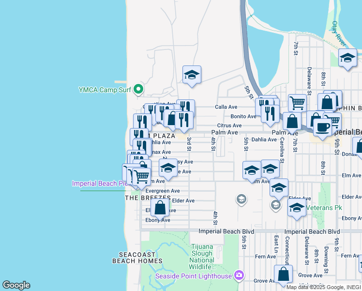 map of restaurants, bars, coffee shops, grocery stores, and more near 287 Dahlia Avenue in Imperial Beach