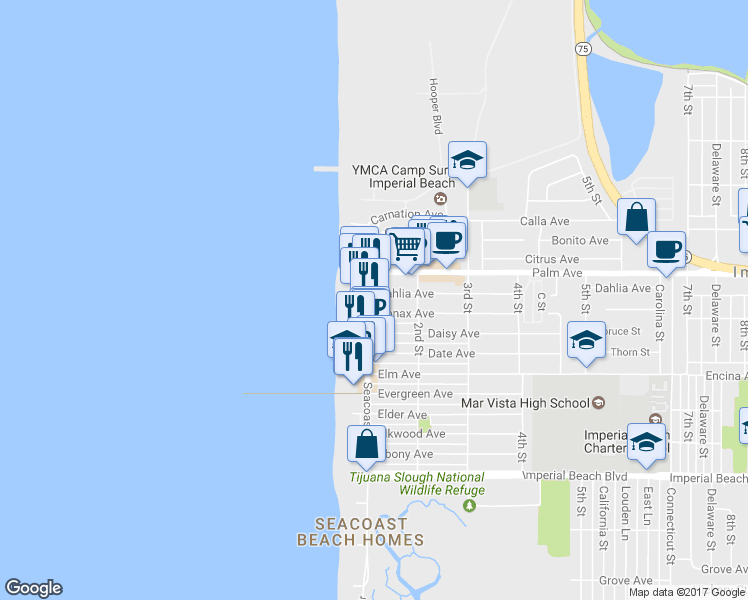 map of restaurants, bars, coffee shops, grocery stores, and more near 710 Seacoast Drive in Imperial Beach