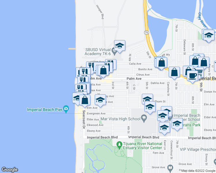 map of restaurants, bars, coffee shops, grocery stores, and more near 287 Dahlia Avenue in Imperial Beach