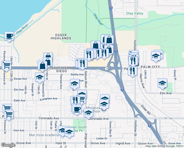 map of restaurants, bars, coffee shops, grocery stores, and more near 1935 Avenida Del Mexico in San Diego